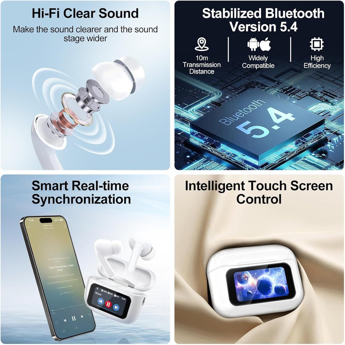 Auricolari Wireless Bluetooth 5.4 con Touch e Cancellazione Rumore